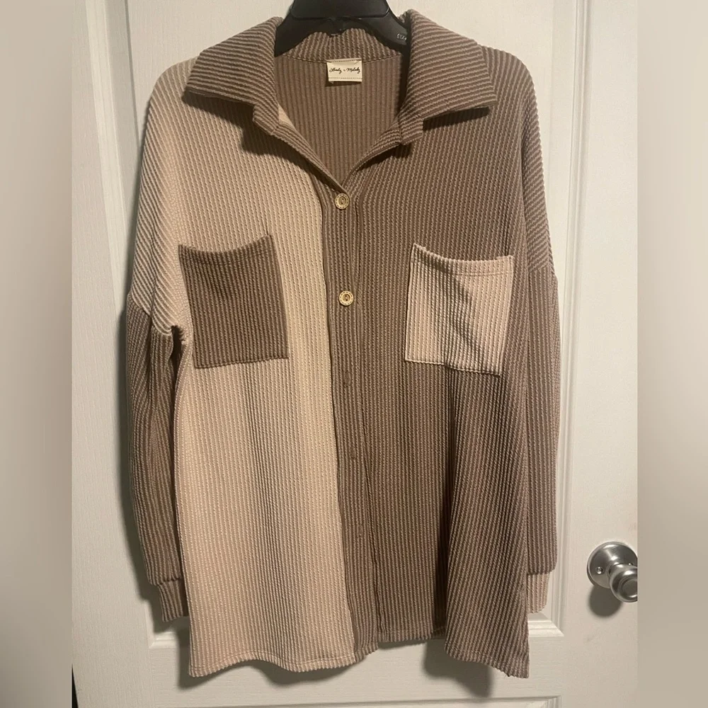 Relaxed Fit Button Down Ribbed Shacket, Two Toned, Taupe/Tan, oversized, small - Picture 1 of 7
